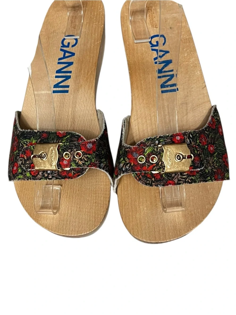🌻NEW GANNI x Dr. Scholl’s Red Floral Buckle Wooden Clog Slide Sandals Size 10 - Picture 2 of 10